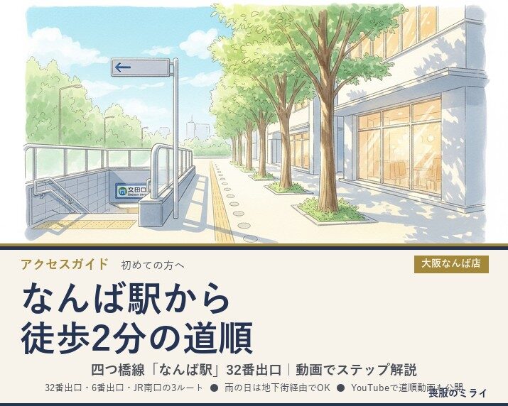 大阪なんば店までの行き方｜なんば駅32番出口から徒歩2分の道順を動画でガイド