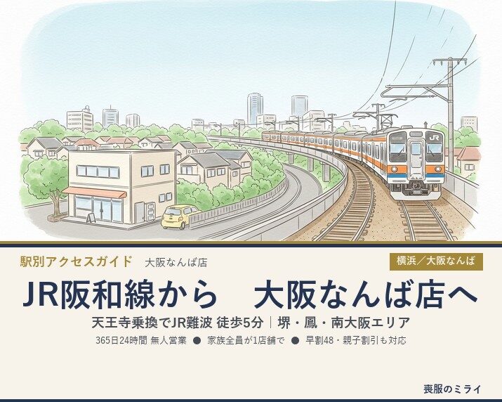 堺・JR阪和線沿線から大阪なんば店へ｜天王寺乗換でJR難波 徒歩5分の24時間喪服レンタル
