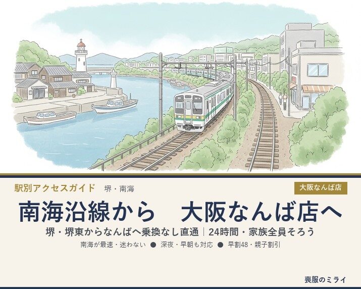 南海沿線（堺・堺東）から大阪なんば店へ｜乗換なし直通の24時間喪服レンタル