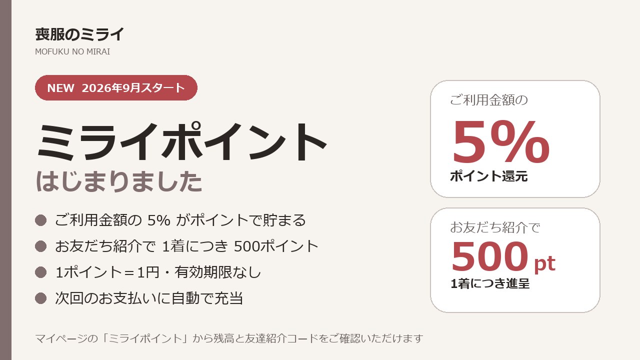 ミライポイント はじまりました ご利用金額の5%ポイント還元・お友だち紹介で1着につき500pt